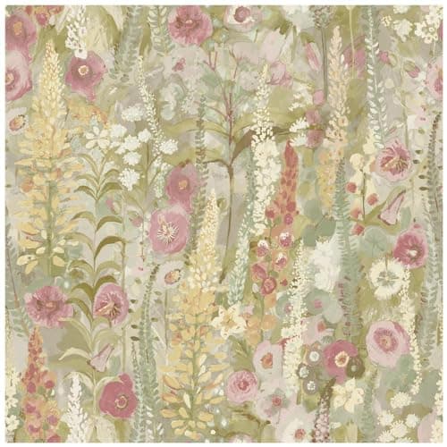 Image of Full Roll Lupin Sage Green Pink Wallpaper Multicoloured Floral Watercolour - Washable Peelable 10.05m x 53cm Roll - Contemporary Versatile - Feature Statement Wall - Bedroom Dining Room Living Room