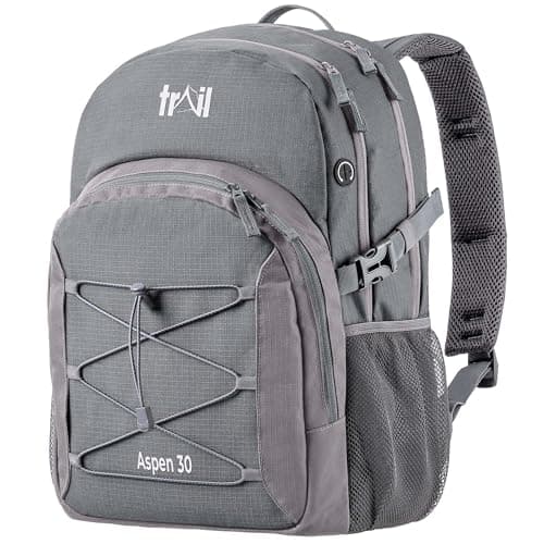 Image of Trail Aspen 30L Day Pack Backpack for School Work Hiking Camping Travelling, Breathable Padded Back & Straps, 3 Zip Compartments, Internal Pockets, Bungee Cords, USB/Headphone Port, Water Resistant