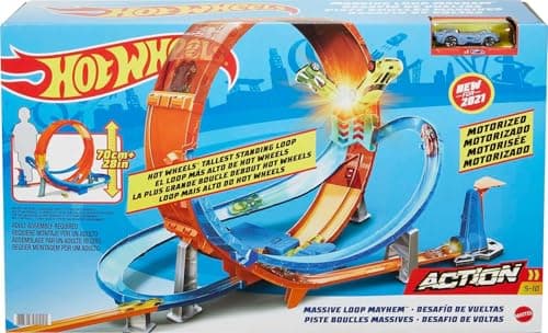 Image of Hot Wheels Massive Loop Mayhem Track Set with Huge 28-Inch Tall Track Loop Slam Launcher, Battery Box & 1 Hot Wheels 1:64 Scale Car, Designed for Multi-Car Play, Gift for Kids 5 Years+ - HCB00