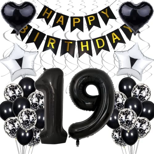 Image of 19th Birthday Balloon Decoration - Black and White Party Decor for Boy or Girl - Silver Accents