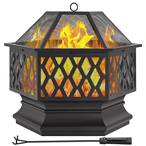 Image of Yaheetech 66cm Fire Pit Hex-Shaped Wood Burning Outdoor Fire Bowl for Camping, Fire Pits for Garden with Spark Screen & Fire Poker