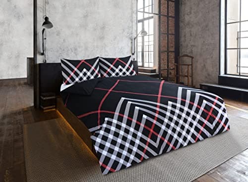Image of CnA Stores Maxwell Geo Check Duvet Cover & Pillowcase Reversible Easy Care Cotton Blended Bedding Set (DOUBLE, BLACK/RED)
