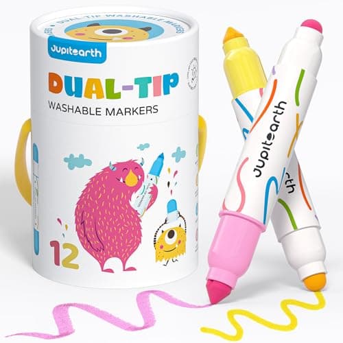 Image of JUPITEARTH Washable Markers,12 Colours Dual Tip Dot Marker Pens for Toddlers,Broad & Round Tip markers for kids,Paint Pens for Children,Non-Toxic,Easy-Grip,Colouring, Drawing,Bingo Dabbers pens