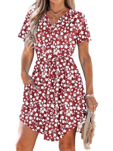 Image of AUSELILY Summer Dresses for Women UK Casual V Neck Short Sleeve Drawstring Midi Dresses with Pockets Red Flowers L