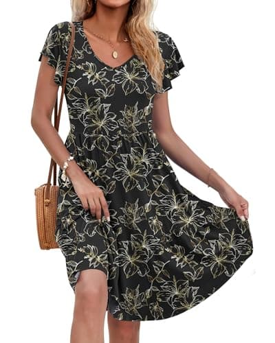 Image of AUSELILY Women Summer Dress Ruffle Petal V-Neck Sundress Short Sleeve Casual Dress with Pockets Black GoldLeaf 2XL