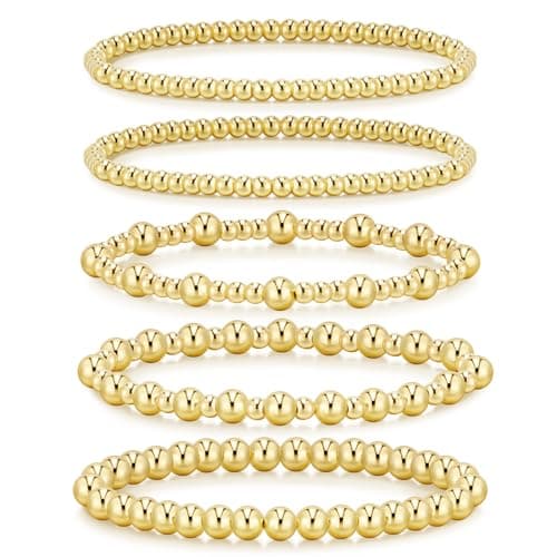 Image of 14K Gold Plated Beaded Bracelets for Women - Strand Stretch Bead Ball Set, Adjustable Jewelry