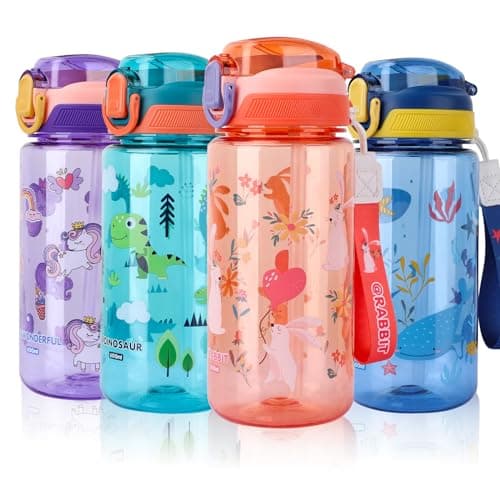 Image of SENBSLAN Kids Water Bottles With Straw,600ml Drinks Bottle for School,Leakproof Children's Bottle BPA free Tritan Sport Bottle for Girls Boys (Pinkish Orange-Rabbit)
