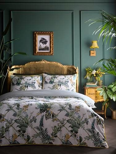 Image of Laurence Llewelyn-Bowen Duvet Cover Set, 100% Cotton, Double 200x200cm, Green, 200 Thread Count, Floral Trellis Pattern, with 2 Pillowcases