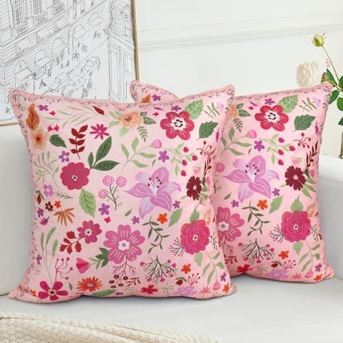 Image of HZYKDWD Floral Pillow Covers 50x50 cm Set of 2,Pink Farmhouse Floral Pillow Covers Decor Double Sided Pattern Cushion Cover Soft Pillow Case Living Sofa Room Bed Porch Patio Square Pillow Cover