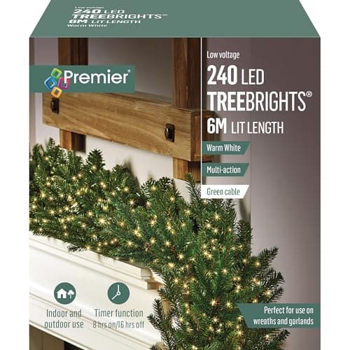 Image of Premier 240 LED Treebrights Warm White Multi Action String Lights with Green Cable, Indoor/Outdoor Use with Timer Function, Works with Wreaths & Garlands