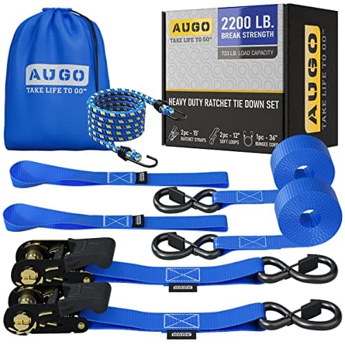 Image of AUGO Ratchet Tie Down Straps –2PK– 4.5M – 1000KG Break Strength – Safety Lock S Hooks –for Moving Cargo, Appliances, Lawn Equipment, Motorcycle – Includes 1 Bungee Cord, 2 Soft Loops, Storage Bag