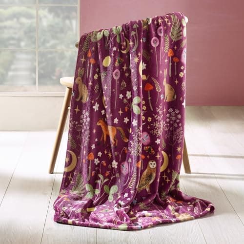 Image of Catherine Lansfield Enchanted Twilight Animals Cosy Fleece 130x170cm Blanket Throw Plum
