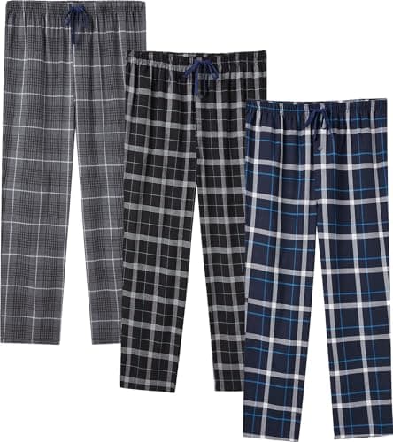 Image of JupiterSecret Mens Pyjama Pants Set 100% Cotton Plaid Sleep & Lounge Pants, PJ Bottoms with Pockets and Button Fly