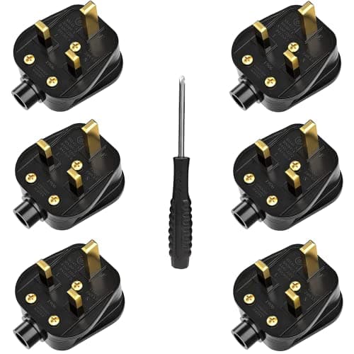 Image of UK Plugs with 13 AMP Fused, 3 pin Mains Plug with Cord Grip Rewireable Heavy Duty Electrical Plug, Rubber Composite Plug, 6 Pack - Black