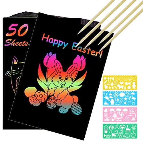 Image of Vicloon Rainbow Scratch Art, 50Pcs Black Magic Scratch Art Notes Painting Boards Arts and Crafts for Kids with 4 Stencils 5 Wooden Stylus Birthday Gifts DIY Party Gift(13 * 19CM)