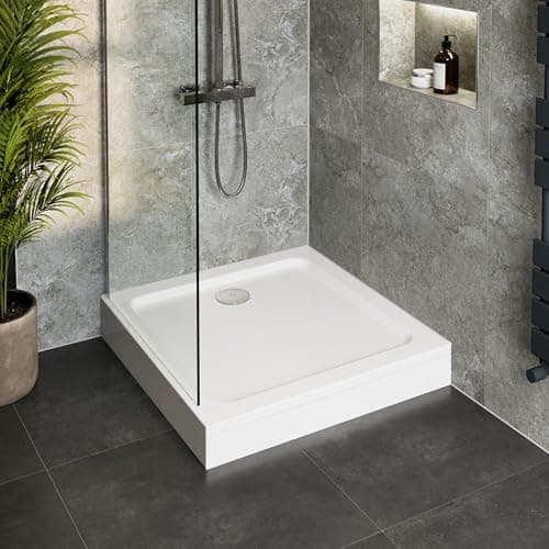 Image of Hydrolux® 800 x 800 x 140mm White Bathroom Shower Tray for Enclosures Cubicles & Wet Room with Waste + Riser Kit, Square