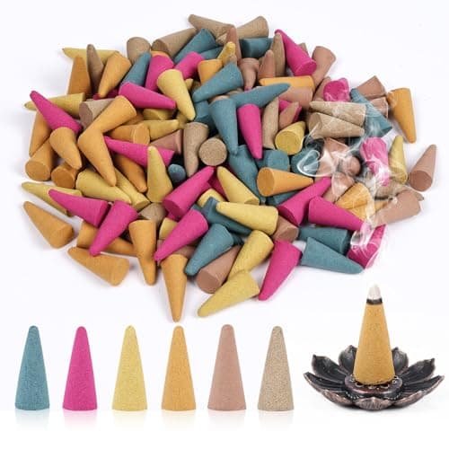 Image of AUAUY Incense Cones, 120 PCS Fresh Incense Cones with 1 Holder, 6 Natural Scents Includes Rose, Jasmine, Osmanthus, Ocean, Sandalwood, Mugwort, Perfect for Meditation, Yoga, Relax, Home Decor Scent
