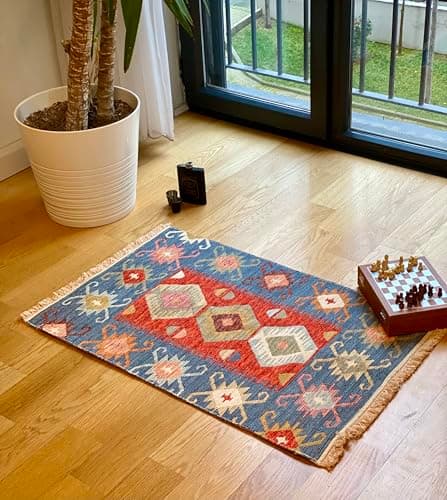 Image of Secret Sea Collection: Kilim Series Small Modern Washable and Reversible Cotton Rug (2'x3', Antique Birds Pattern)