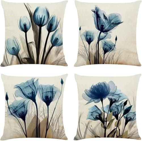 Image of TIDWIACE Set of 4 Floral Printed Cushion Covers 40 x 40 cm,Square Modern Throw Pillow Cases for Outdoor Garden Bench Living Room Sofa Farmhouse Decor 16x16
