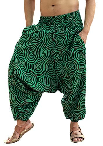 Image of SARJANA Mens Womens Cotton Printed Harem Pants Yoga Baggy Boho Drop Crotch Trouser Free Size (UK, Alpha, One Size, Regular, Regular, Free Size Fits to All (up to 44 Inches Waist), Green)