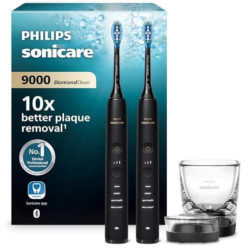 Image of Philips Sonicare DiamondClean 9000 Electric Toothbrush, Sonic Toothbrush with App, Pressure Sensor, 4 Brushing Modes, 3 Intensity Levels, Charging Glass, Black, Dual Pack, Model HX9914/54
