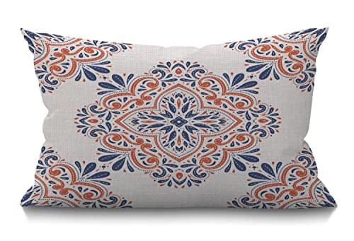 Image of BGBDEIA Mandala Cushion Cover 12x20 Inch Aztec Blue Orange Vintage Paisley Ethnic Moroccan Flower Rectangle Pillow Cases Home Decorative Cotton Linen Throw Pillow Cover for Bed Sofa 30 x 50 cm