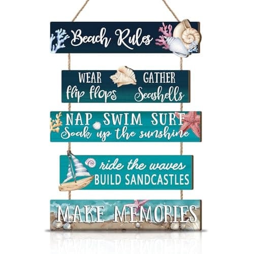 Image of HPNIUB Wooden Beach Rules Hanging Sign Coastal Decor Marine Life Flip Flops, Seashells Wood Sign Decor Summer Seaside Make Memories Wall Art for Home,Bathroom,Door Beach Party Decorations