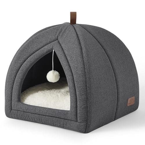 Image of Bedsure Cat Cave Bed Igloo - Cat Tent Bed House with Removable Washable Cushion Pillow Foldable Portable Pet Bed,Dark Grey, 40x40x40cm