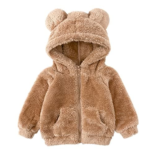 Image of Alunsito Toddler Kids Winter Warm Jacket Long Sleeve Fleece Coat Baby Boys Girl Thick Bear Ear Hooded Outwear Top 100 Brown 2-3 Years