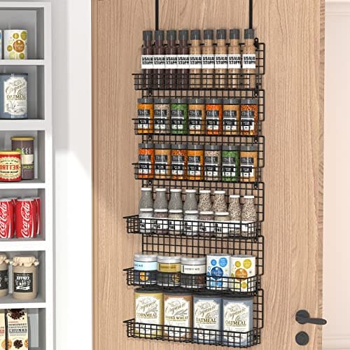 Image of JKsmart 6-Tier Spice Rack Organizer with Door Hook, Wall Mounted & Over the Door Spice Racks for Kitchen Pantry Door Cabinet, Two Size, Large Capacity, Black