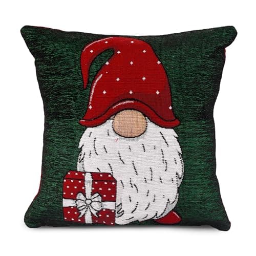 Image of Velosso Christmas Soft Cotton Chenille Tapestry Cushion Cover Xmas Festive Scatter Cushions Nordic Santa Reindeer Stag Snowman (1, Green Gonk, 43x43cms)