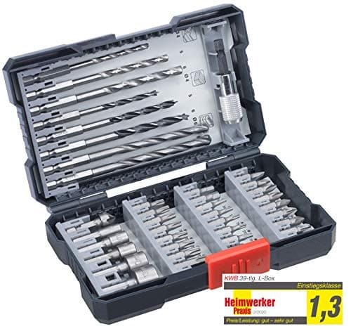 Image of kwb 39-Piece Hex-Shank Drill Box with HSS Metal Drills, Stone and Wood Drills, PH, PZ, Torx Bits, Set with Countersink, Bit Holder, and Socket Bits, Grey