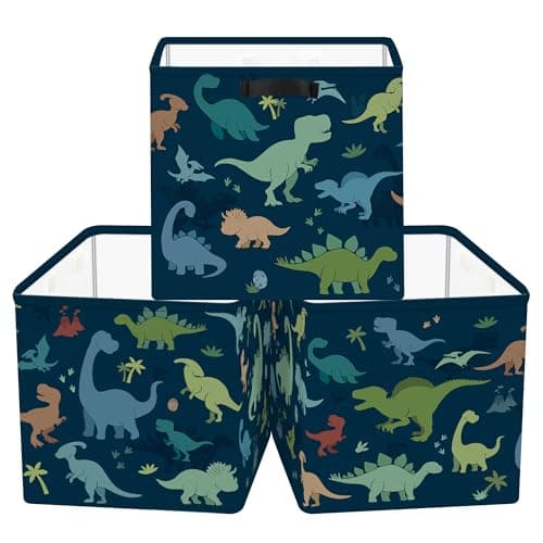 Image of Clastyle 3 pcs Dinosaur Cube Storage Unit Boxes Volcano Kallax Box for Shelves Parents Storage Baskets for Book Clothes Toy Organizer, Blue, 11.8x11.8x11.8 in