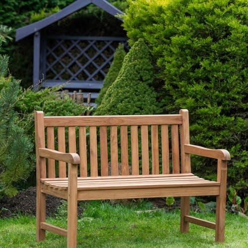 Image of The Garden Marketplace Solid Teak 2 Seater Garden Bench – Heavy Duty Hardwood Outdoor Seating, Sustainable Teak, 120cm Wide Patio or Conservatory Bench, Flat Pack Assembly