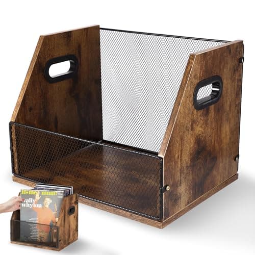 Image of Bryzal Vinyl Record Storage Holder, Wood & Metal Holds up to 60 Records Vinyl Record Storage Crate with Handle, Album Storages Desktop Organizer Box for Vinyls Records Books Files