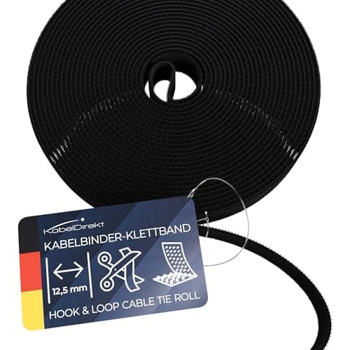 Image of KabelDirekt – Hook and Loop Cable Ties – 15 m × 12,5 mm – Environmentally Friendly Cable tie roll, Individually cuttable & Reusable (Cable Protecting – Black)