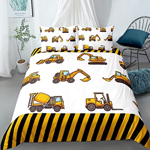 Image of Lunoroey Boys Excavator Bedding Duvet Cover Double Bed Engineering Construction Vehicles Digger Tractor Kids Boys Bedding Set with Pilowcase Soft Microfiber Quilt Cover Set