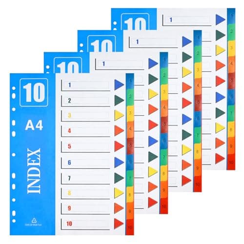 Image of XHDA 1-10 Part Dividers A4, 4 Pack Multi-Colour Plastic A4 Index Folder Subject Dividers, 11-Holes Lever Arch Files Dividers Ring Binders for Office School