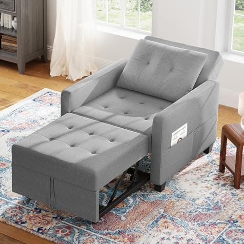 Image of Vesgantti 3 in 1 Sofa Bed Light Grey, Convertible Sleeper Chair with Adjustable Backrest, Fabric Single Sofa Bed Chair with Side Pockets, Foldable Pull Out Bed for Living Room