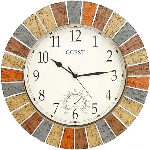Image of OCEST 13inch Garden Clock, Large Waterproof Outdoor Indoor Wall Clocks with Thermometer, Weather-Resistant Non-Ticking Battery Operated Decor for Patio, Pool