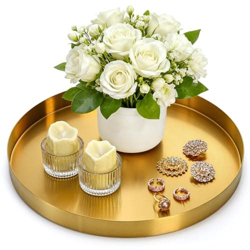 Image of Jucoan 30 CM Round Gold Serving Tray, Modern Brass Decorative Dresser Tray for Jewelry, Perfume, Makup, Stainless Steel Storage Organizer for Bathroom, Kitchen