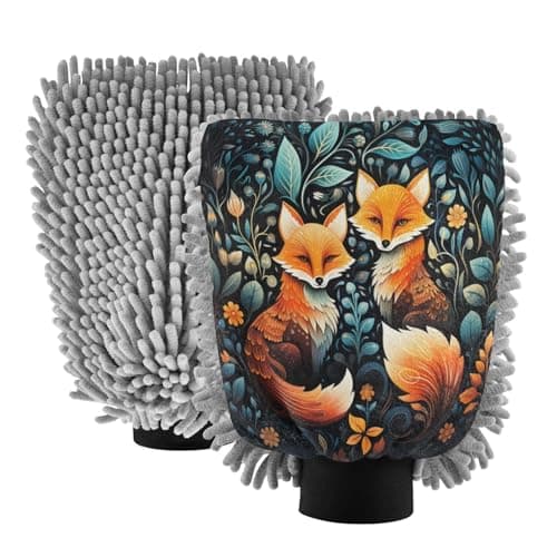 Image of LINNIKEEEE Flower Foxes Car Wash Mitt Sponges Scratch-Free Highly Absorbent Cleaning Glove(2Pack)