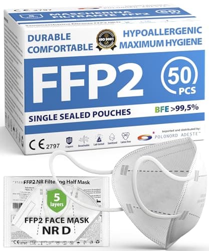 Image of FFP2 NR D Masks Pack of 50 - UKCA certified, controlled supply chain, comfortable, hypoallergenic, and adjustable elastic bands. Safe: filtration in wear simulation 99,5%. Single sealed pouches