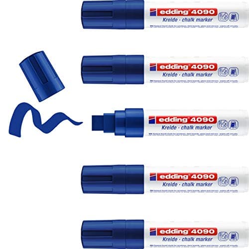 Image of edding 4090 Chalk Marker - Blue - 5 Chalk pens - Chisel tip 4-15 mm - Broad-Tipped Wet Wipe Pen for chalkboards, Windows, Glass, Mirrors - Liquid Chalk Marker pens for Opaque Coverage