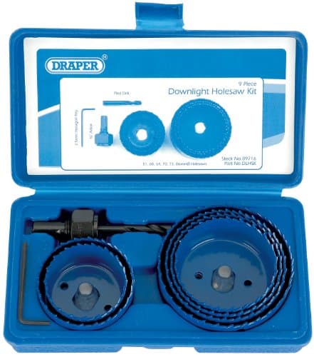 Image of Draper 9-Piece Holesaw Kit for Downlights | Hole Cutter Set | 51 to 86mm Carbon Steel Blades | HSS Pilot Drill | Hexagon Key | 89716