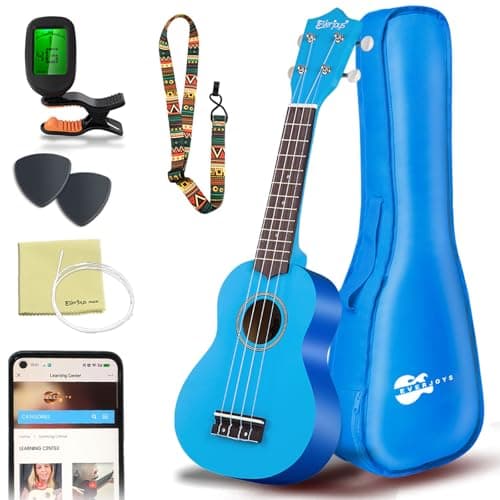 Image of Everjoys Soprano Ukulele Beginner Kit 21 Inch Ukelele w/Free Online Lesson Carrying bag Digital Tuner Strings Picks, All in One Set (Blue)