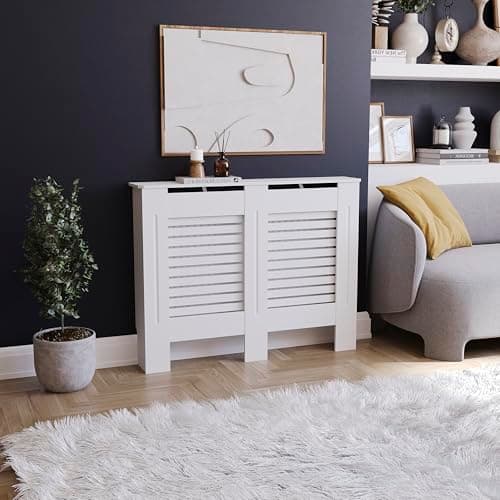 Image of Vida Designs Milton Radiator Cover White - Medium - Modern Horizontal Slat Design For Optimal Heat Circulation - H82xW111xD19cm - Painted MDF Cabinet Ideal For Living Room & Hallway