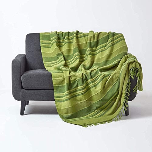 Image of HOMESCAPES Large Green Throw “Morocco” Cotton Textured Stripe Throw 225 x 255 cm Bedspread Sofa Throw Handmade Suitable for 2 or 3 Seater Sofas or Double and King Size Beds Machine Washable