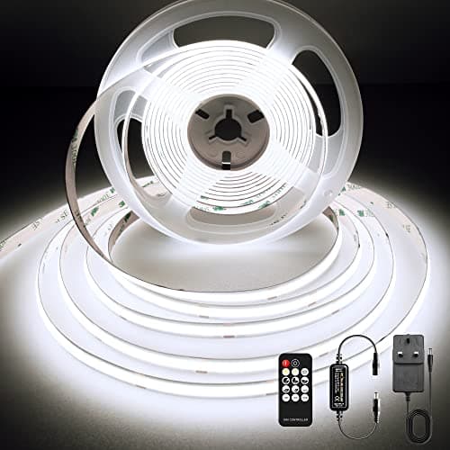 Image of BERIXDEEP COB LED Strip Cool White 5m, 480LEDs/M, High Bright 8mm LED Tape with Remote and Power Supply, DC24V, CRI>92, Dotless LED Strip Lights for Backlights on TV, Cupboards, Mirror