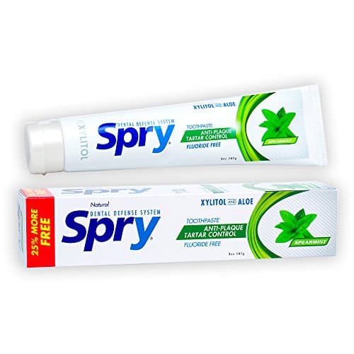 Image of Spry Natural Xylitol Toothpaste 5oz for Adults and Kids - Fluoride Free, Gentle for Sensitive Teeth Whitening and Remineralizing, Breath Freshening, Mouth Moisturizing, Spearmint (Pack of 1)